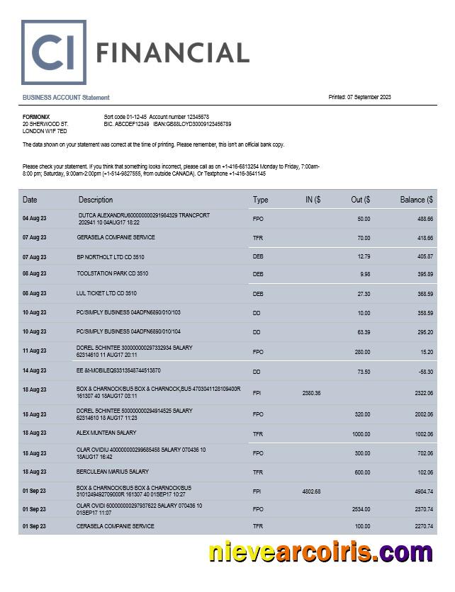 CL Financial Bank organization account statement